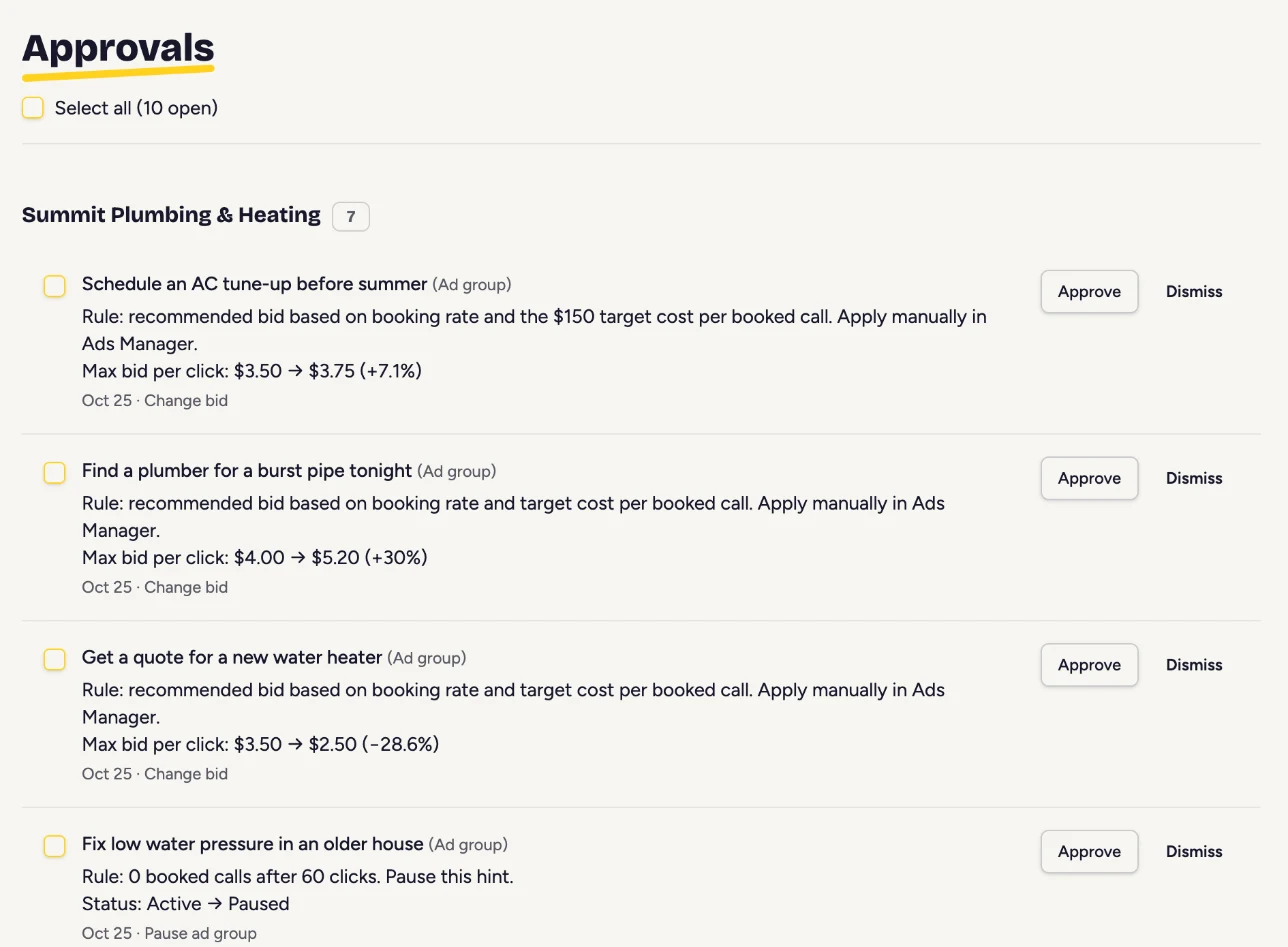 Approvals list with pause and bid change suggestions, each with Approve and Dismiss buttons
