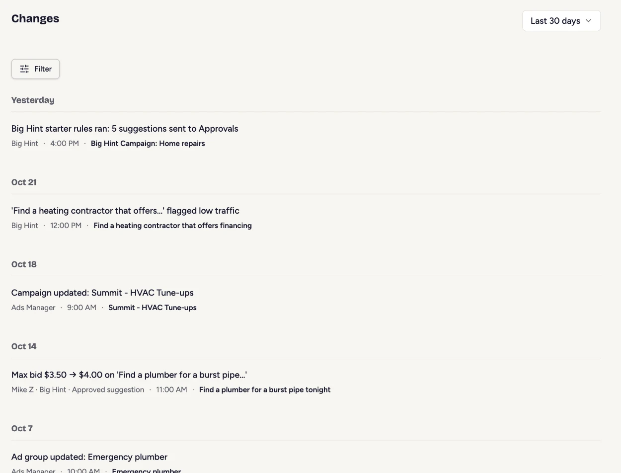 Change history log of approved ad changes