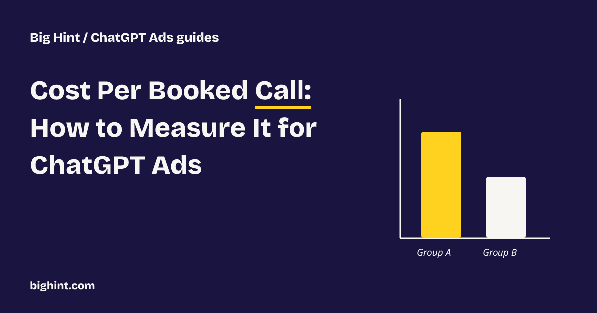 Cost Per Booked Call: How to Measure It for ChatGPT Ads. Navy cover with a yellow title highlight and a bar chart comparing two ad groups.