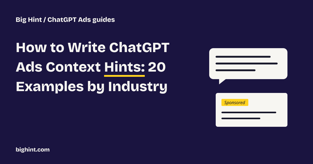 How to Write ChatGPT Ads Context Hints: 20 Examples by Industry. Navy cover with a yellow title highlight and a mock chat bubble and Sponsored card.